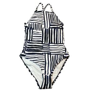 Nautica Womens High Neck One Piece Swimsuit Navy White Striped Size M 402002815